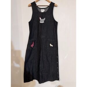 90s 2000s Farm Chicken Eggs Country Denim Dress Romper Jumper Women's Med Cute